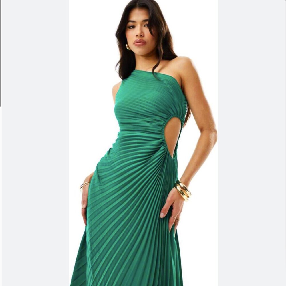 NEW ASOS Aria Cove pleated one shoulder cut out maxi dress in green US 6